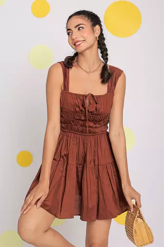 Coffee brown bust fitted 100% cotton party wear mini dress