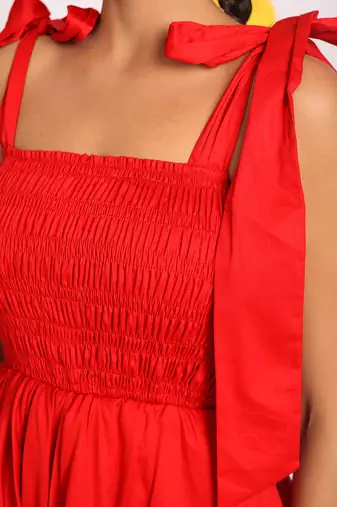 Red short mini skater summer dress with shoulder tie ups