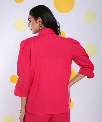 Hot pink summer relaxed collared formal linen shirt 5
