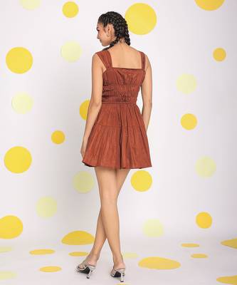 Coffee brown bust fitted 100% cotton party wear mini dress 5