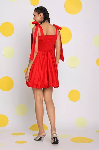 Red short mini skater summer dress with shoulder tie ups