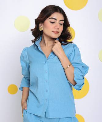Sky blue summer relaxed collared formal linen shirt 1