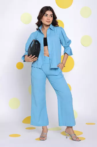 Sky blue summer relaxed collared formal linen shirt