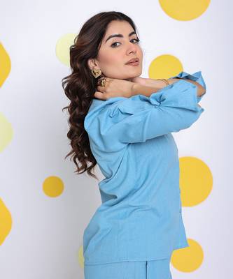 Sky blue summer relaxed collared formal linen shirt 4