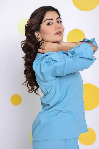 Sky blue summer relaxed collared formal linen shirt