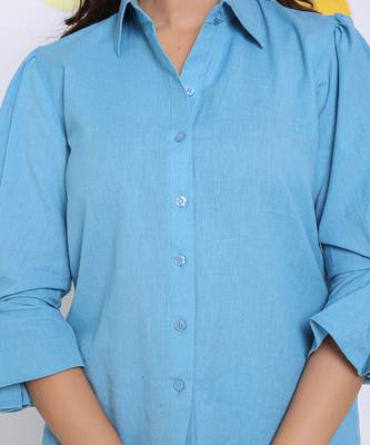 Sky blue summer relaxed collared formal linen shirt 5