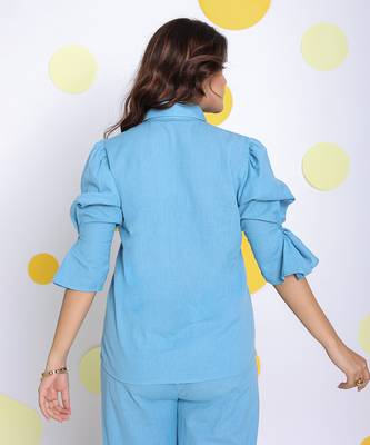 Sky blue summer relaxed collared formal linen shirt 6