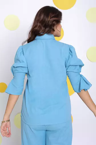 Sky blue summer relaxed collared formal linen shirt