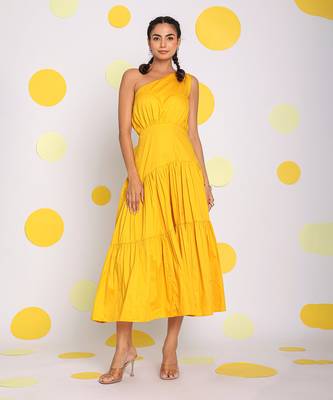 Yellow one shoulder bust fitted vacation midi dress 1