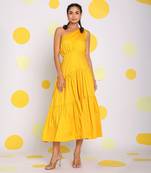 Yellow one shoulder bust fitted vacation midi dress