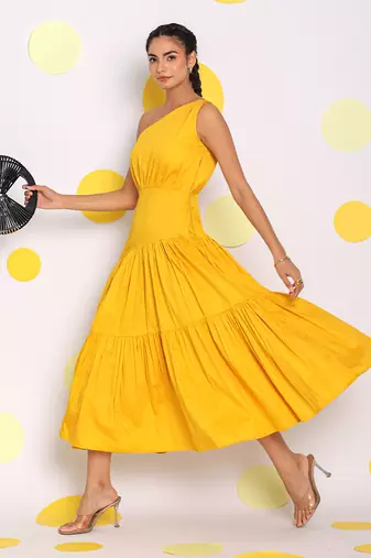 Yellow one shoulder bust fitted vacation midi dress