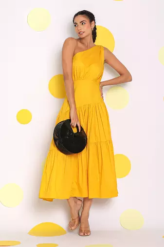 Yellow one shoulder bust fitted vacation midi dress