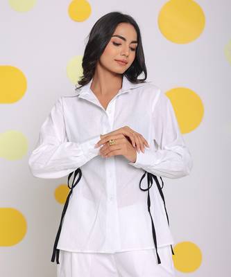 White summer relaxed collared formal linen shirt with stylish black side tie ups 1