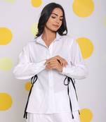 White summer relaxed collared formal linen shirt with stylish black side tie ups