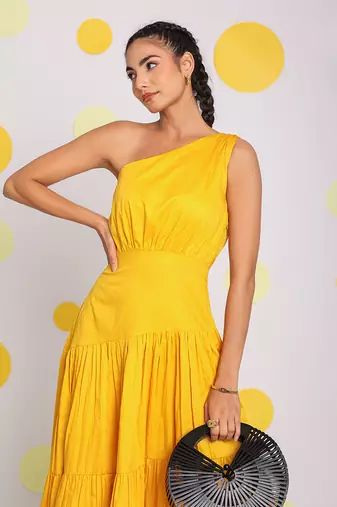 Yellow one shoulder bust fitted vacation midi dress