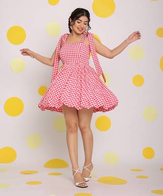 Pink and white summer short skater dress with shoulder tie ups 1