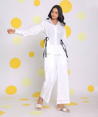 White summer relaxed collared formal linen shirt with stylish black side tie ups 3