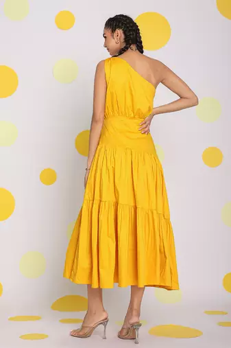 Yellow one shoulder bust fitted vacation midi dress