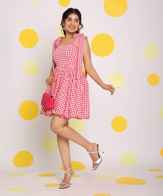 Pink and white summer short skater dress with shoulder tie ups 3