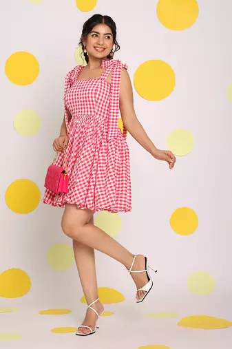 Pink and white summer short skater dress with shoulder tie ups