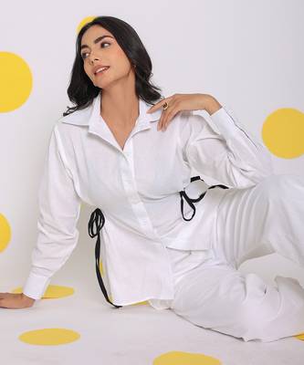 White summer relaxed collared formal linen shirt with stylish black side tie ups 4