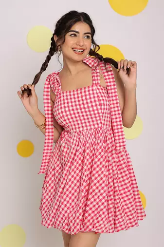 Pink and white summer short skater dress with shoulder tie ups