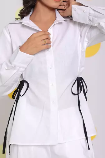White summer relaxed collared formal linen shirt with stylish black side tie ups