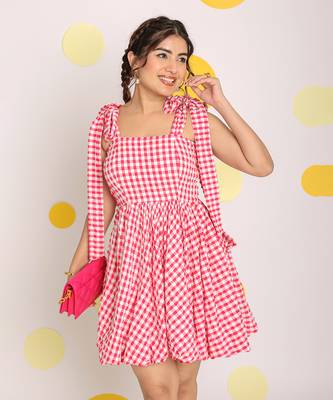 Pink and white summer short skater dress with shoulder tie ups 5
