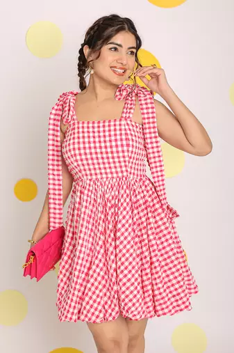 Pink and white summer short skater dress with shoulder tie ups