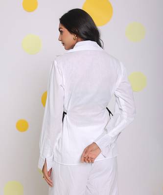 White summer relaxed collared formal linen shirt with stylish black side tie ups 6