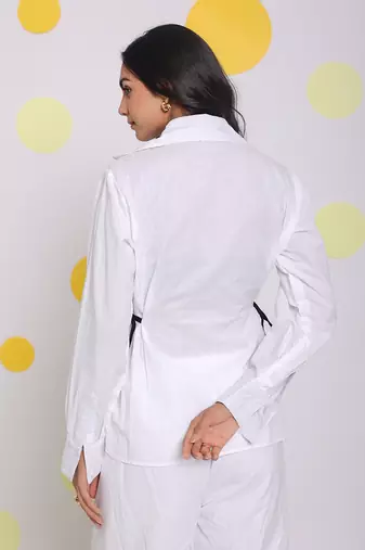 White summer relaxed collared formal linen shirt with stylish black side tie ups