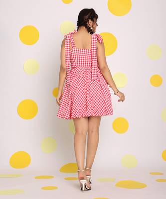 Pink and white summer short skater dress with shoulder tie ups 6