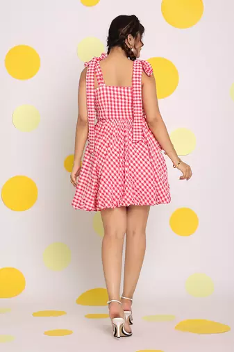 Pink and white summer short skater dress with shoulder tie ups