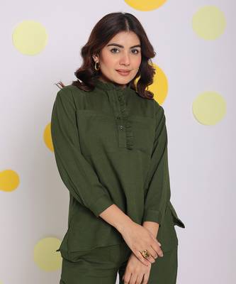Olive green summer with frill detailing relaxed collared formal linen shirt 1