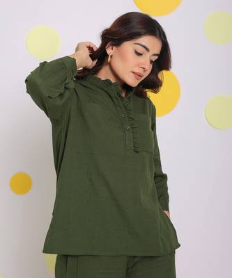 Olive green summer with frill detailing relaxed collared formal linen shirt 4