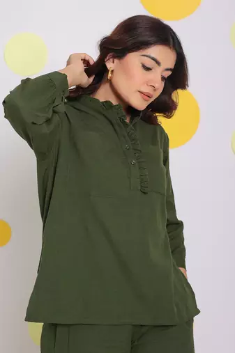 Olive green summer with frill detailing relaxed collared formal linen shirt
