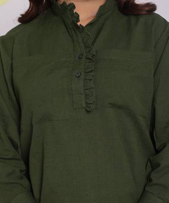 Olive green summer with frill detailing relaxed collared formal linen shirt 5