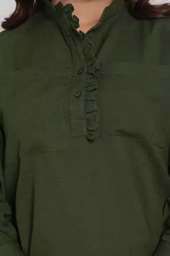 Olive green summer with frill detailing relaxed collared formal linen shirt