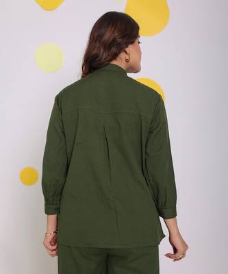 Olive green summer with frill detailing relaxed collared formal linen shirt 6