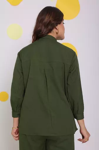 Olive green summer with frill detailing relaxed collared formal linen shirt