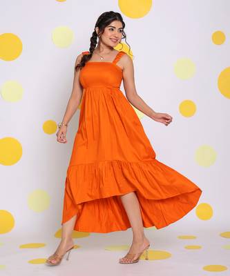 Summer orange bust fitted resort wear 100% cotton high low midi dress 1