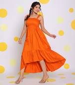 Summer orange bust fitted resort wear 100% cotton high low midi dress