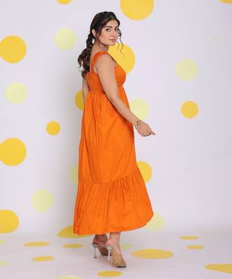 Summer orange bust fitted resort wear 100% cotton high low midi dress 3