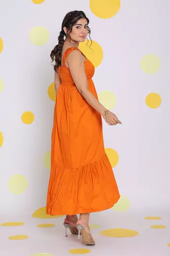 Summer orange bust fitted resort wear 100% cotton high low midi dress