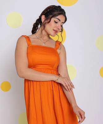 Summer orange bust fitted resort wear 100% cotton high low midi dress 4