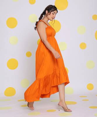 Summer orange bust fitted resort wear 100% cotton high low midi dress 5