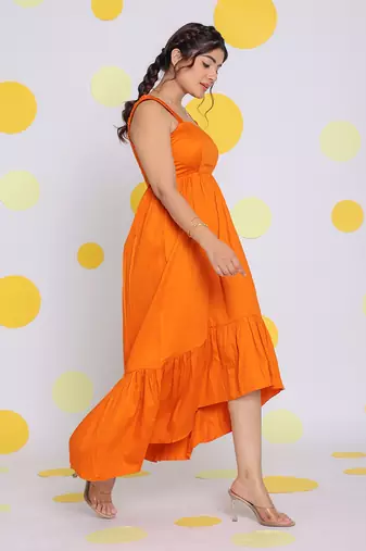 Summer orange bust fitted resort wear 100% cotton high low midi dress