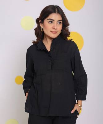 Black summer relaxed buttoned formal linen collared shirt 1