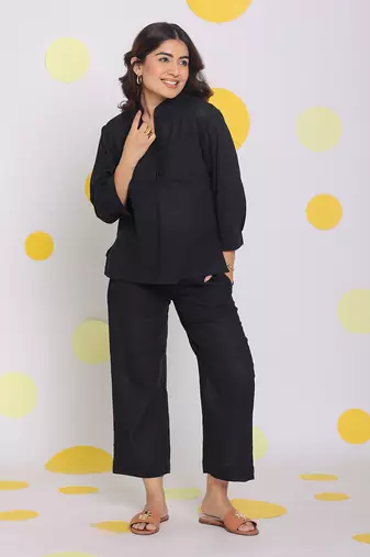 Black summer relaxed buttoned formal linen collared shirt