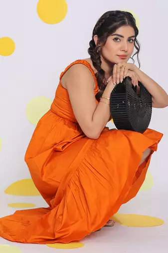 Summer orange bust fitted resort wear 100% cotton high low midi dress